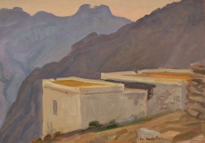 Houses and Mountains — Oil painting, Fiberboard, 35.00×50.00cm — Theodoros Markellos